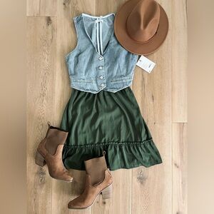 NEW Forest Green Mini Dress Ruffle Hem Boho crochet lace detail